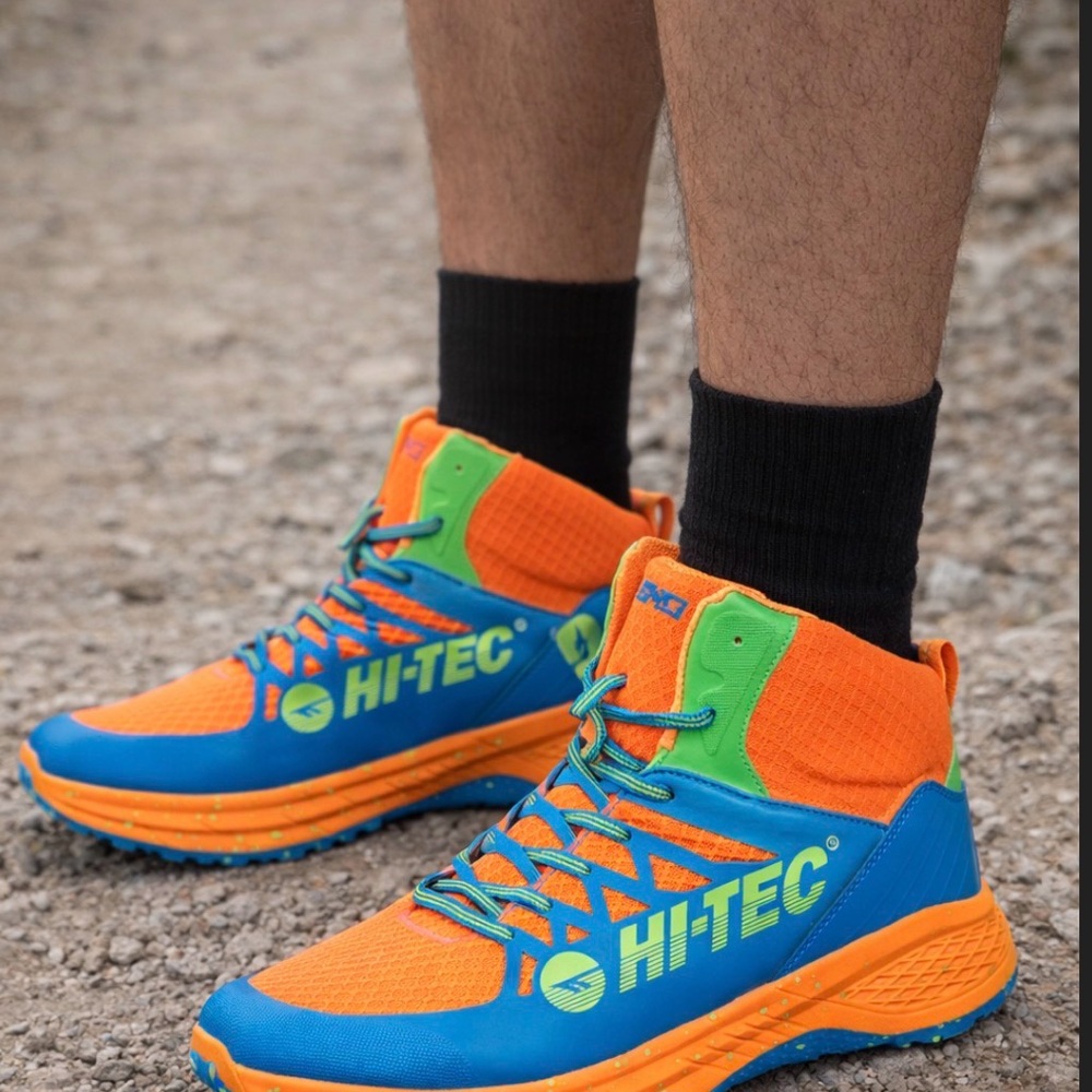 NWT Hi-Tec Destructor Logo High Top Trail Hiking Shoes Blue Orange